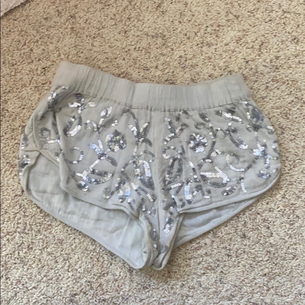 Embroidered, Sequin Linen Shorts